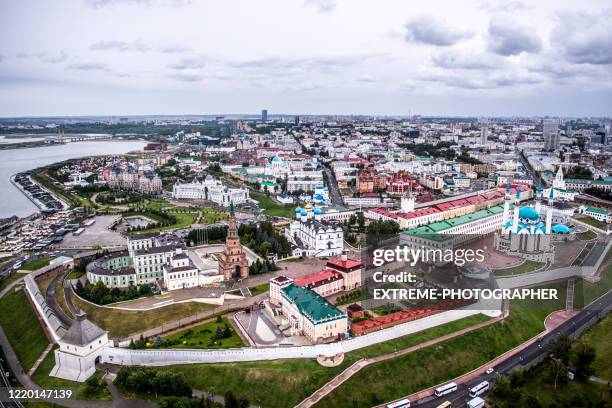 kazan kremlin with soyembika tower, kul sharif mosque and annunciation cathedral - kazan stock pictures, royalty-free photos & images