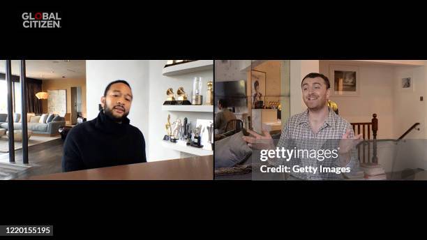 In this screengrab, John Legend and Sam Smith perform during "One World: Together At Home" presented by Global Citizen on April 2020. The global...