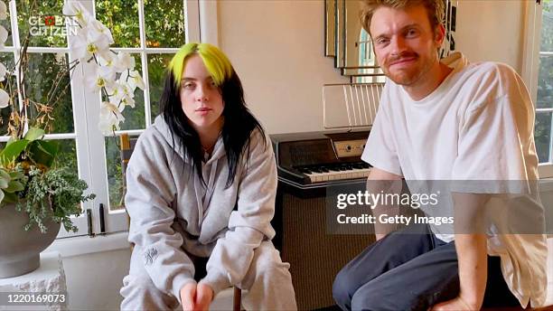 In this screengrab, Billie Eilish and Finneas O'Connell perform during "One World: Together At Home" presented by Global Citizen on April 2020. The...