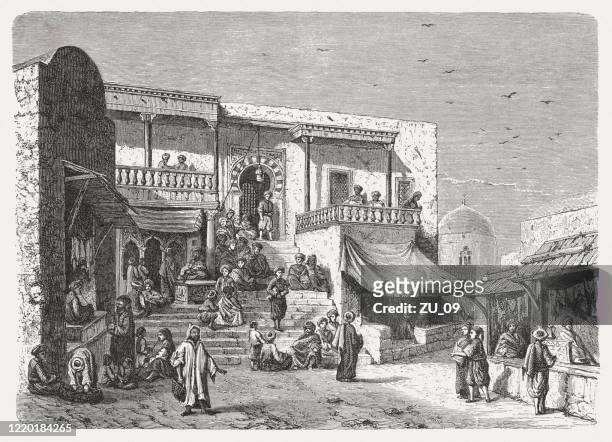 stockillustraties, clipart, cartoons en iconen met arabisch koffiehuis in de 19e eeuw, houtgravure, gepubliceerd in 1893 - arabië