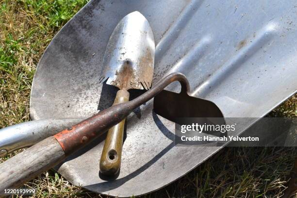 shovel, hoe and garden trowel - equipamento de jardinagem imagens e fotografias de stock