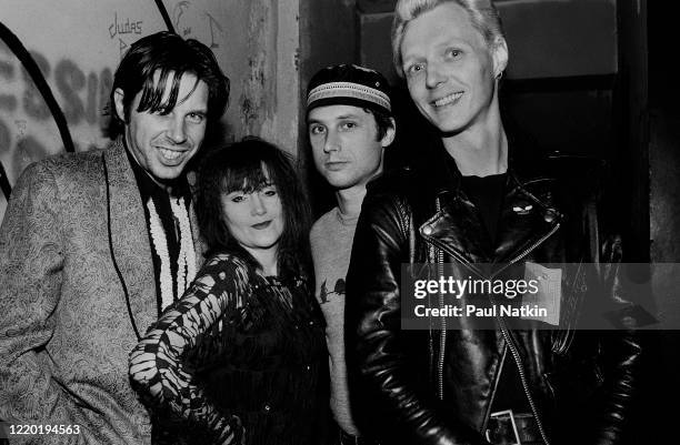 Portrait of the members of American Punk and Rock group X as they pose backstage at the Metro, Chicago, Illinois, September 25, 1985. Pictured are,...