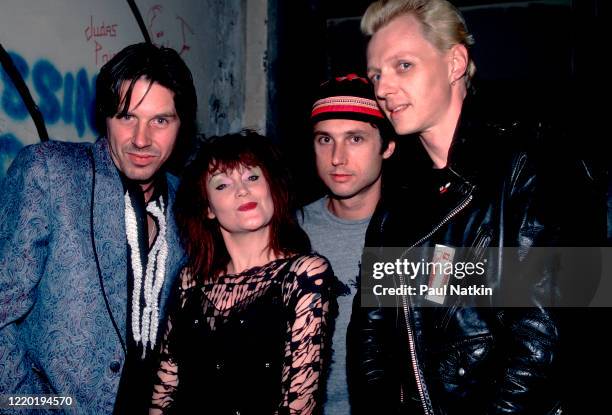 Portrait of the members of American Punk and Rock group X as they pose backstage at the Metro, Chicago, Illinois, September 25, 1985. Pictured are,...