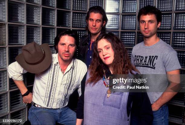 Portrait of the members of American Punk and Rock group X as they pose backstage at the Metro, Chicago, Illinois, October 19, 1987. Pictured are,...