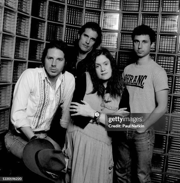 Portrait of the members of American Punk and Rock group X as they pose backstage at the Metro, Chicago, Illinois, October 19, 1987. Pictured are,...