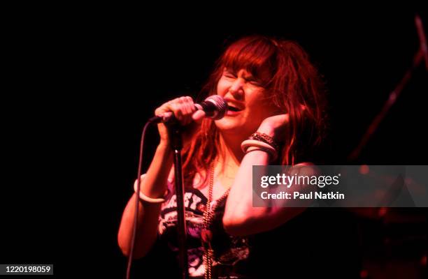 American Punk and Rock singer Exene Cervenka, of the group X, performs onstage at Tuts, Chicago, Illinois, October 23, 1983.