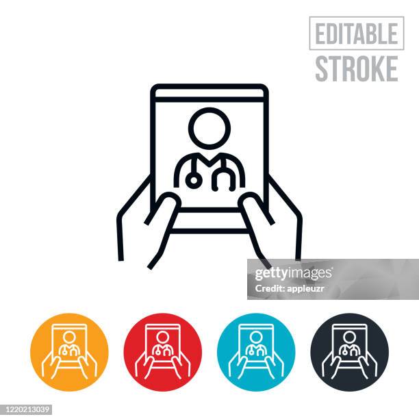 telemedicine on tablet pc thin line icon - editable stroke - doctor using tablet stock illustrations