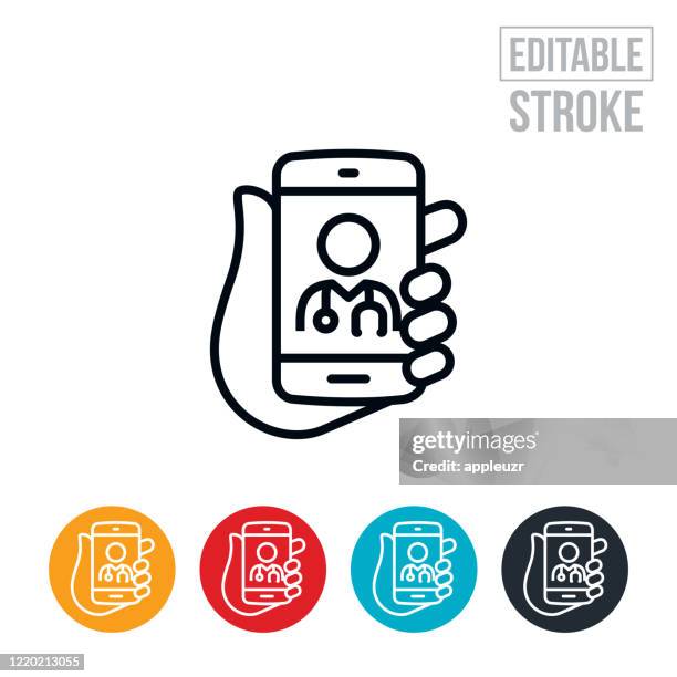 telemedicine on smartphone thin line icon - editable stroke - voip stock illustrations