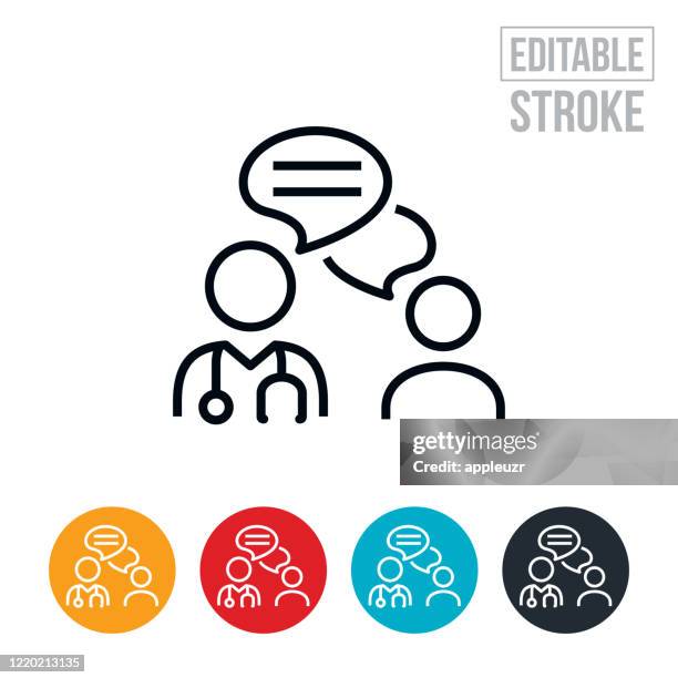 stockillustraties, clipart, cartoons en iconen met doctor and patient online chat thin line pictogram - bewerkbare beroerte - two people