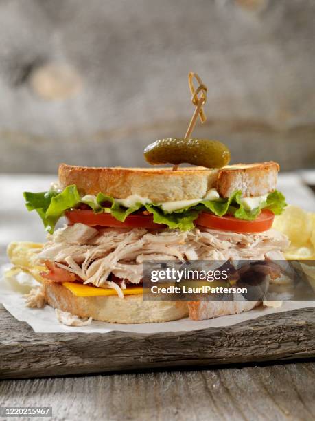 türkei und cheddar cheese blt mit kartoffelchips - blt sandwich stock-fotos und bilder