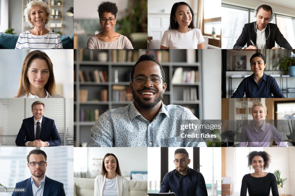 Laptop screen webcam view diverse people engaged in group videocall