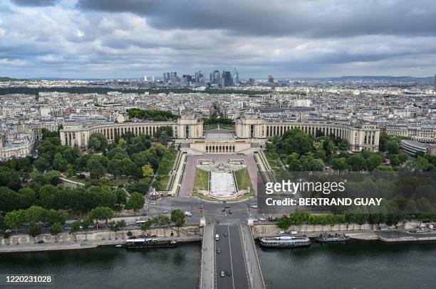 This picture taken on June 15, 2020 shows a view of the Seine river and the Trocadero site of the Palais de Chaillot, as seen from the The Eiffel...