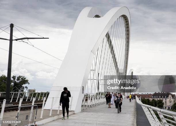 View of a bridge on reopening day of the borders between France and Germany, closed as part of measures taken to stop the spread of the COVID-19...