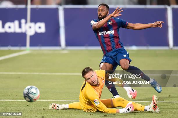 Levante's Portuguese forward Hernani Fortes vies with Sevilla's Czech goalkeeper Tomas Vaclik during the Spanish League football match between...
