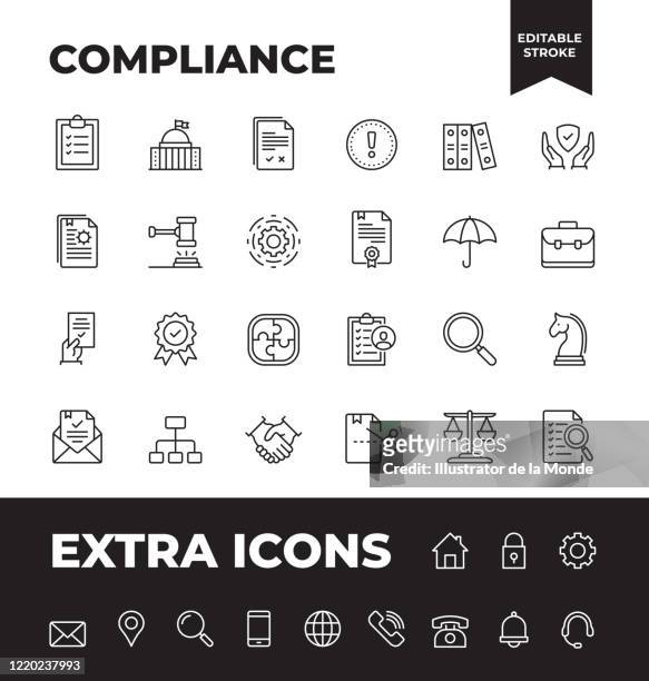 illustrazioni stock, clip art, cartoni animati e icone di tendenza di set semplice di icone delle linee vettoriali di conformità - contratto