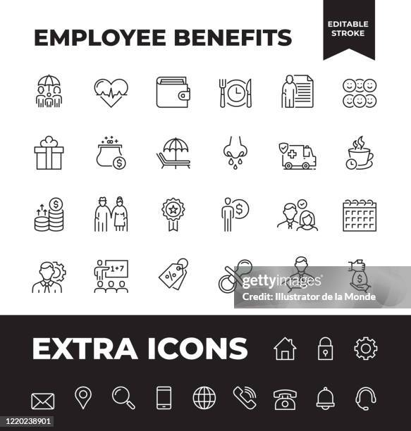 ilustraciones, imágenes clip art, dibujos animados e iconos de stock de conjunto simple de iconos de línea vectorial de beneficios para empleados - employee benefits