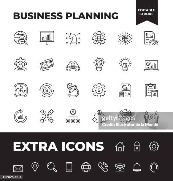 illustrazioni stock, clip art, cartoni animati e icone di tendenza di set semplice di icone delle linee vettoriali di pianificazione aziendale - piano finanziario