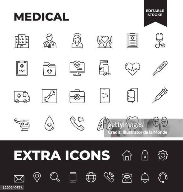 ilustraciones, imágenes clip art, dibujos animados e iconos de stock de conjunto simple de iconos de línea de vectores médicos - arriba de