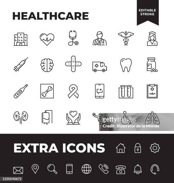 illustrazioni stock, clip art, cartoni animati e icone di tendenza di set semplice di icone della linea vettoriale sanitaria - accudire