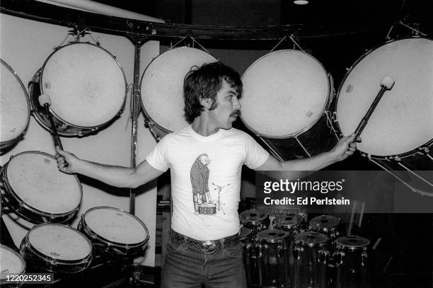 Grateful Dead drummer Mickey Hart poses at the Grateful Dead's rehearsal studio, Front Street, on August 1, 1980 in San Rafael, California.