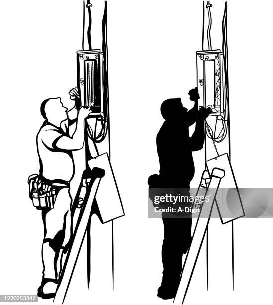 electric panel maintenance worker silhouette - electrical tower white background stock illustrations