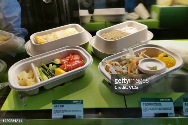 Plant-based meat dishes are seen offered at a Starbucks store on April 22, 2020 in Shanghai, China. Starbucks launches plant-based meat menu in China.