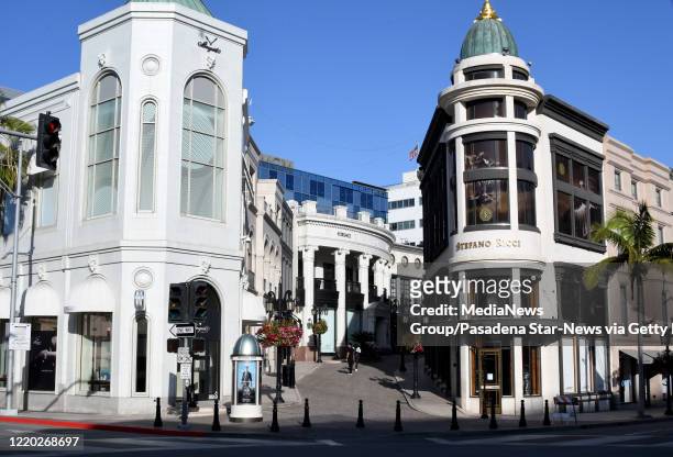 Empty shopping area due to the Coronavirus Pandemic next to Cartier along Rodeo Drive in Beverly Hills on Tuesday, April 21, 2020.