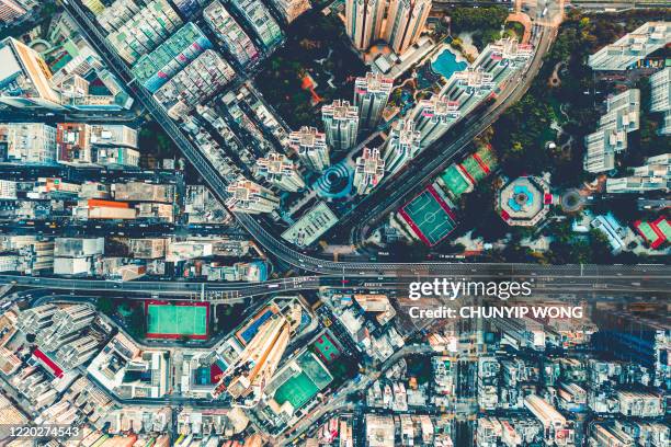 aerial view of hong kong downtown - mong kok imagens e fotografias de stock