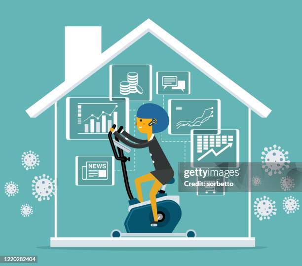 covid-19 bleib zu hause - heimtrainer - geschäftsfrau - fitnessraum stock-grafiken, -clipart, -cartoons und -symbole