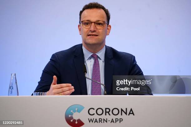 German Health Minister Jens Spahn speaks during the launch of Germany's government-developed "Corona-Warn-App" tracing app for Covid-19 infections...
