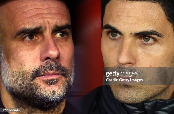 In this composite image a comparison has been made between Pep Guardiola, Manager of Manchester City and Mikel Arteta, Manager of Arsenal. Manchester...