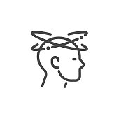 Dizziness outline icon. Graphic pictogram of man with vertigo symptom of migraines, high blood presure, colds, flu, coronavirus, stress, weariness. Vector illustration isolated.