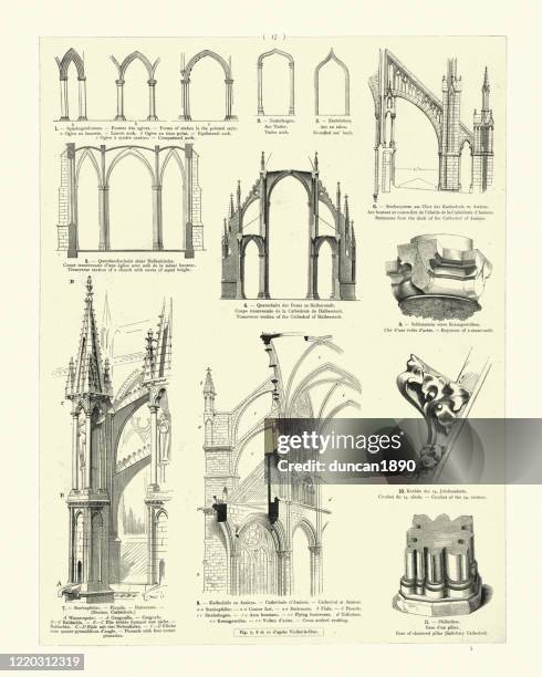 medeival cathedral architecture, buttresses, keystone, arches, vaulting - keystone stock illustrations