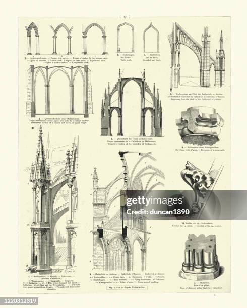 medeival cathedral architecture, buttresses, keystone, arches, vaulting - ceiling stock illustrations