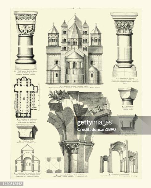 ilustraciones, imágenes clip art, dibujos animados e iconos de stock de arquitectura románica, abadía de maria laach, columnas, bóveda - techo abovedado