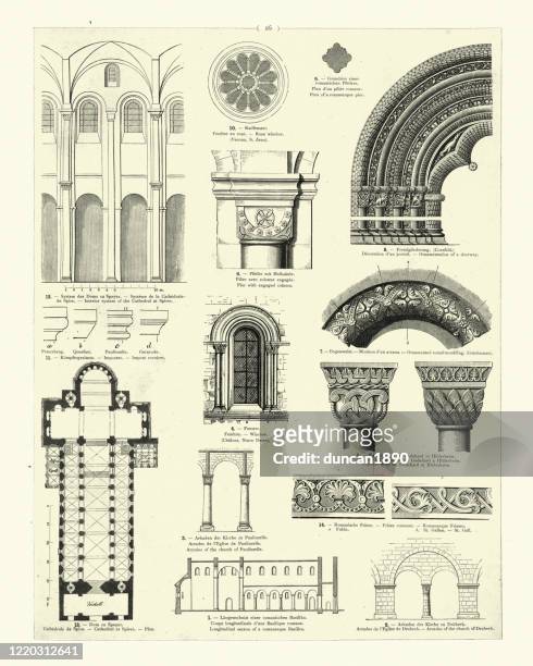 romanische architektur, rosenfenster, bögen, formen - styles stock-grafiken, -clipart, -cartoons und -symbole