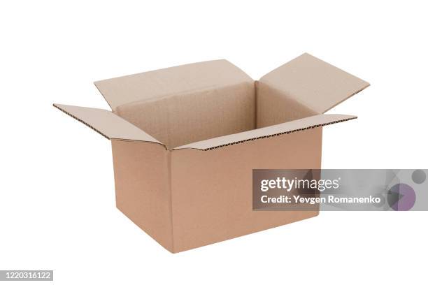 open cardboard box isolated on white background - karton freisteller stock-fotos und bilder
