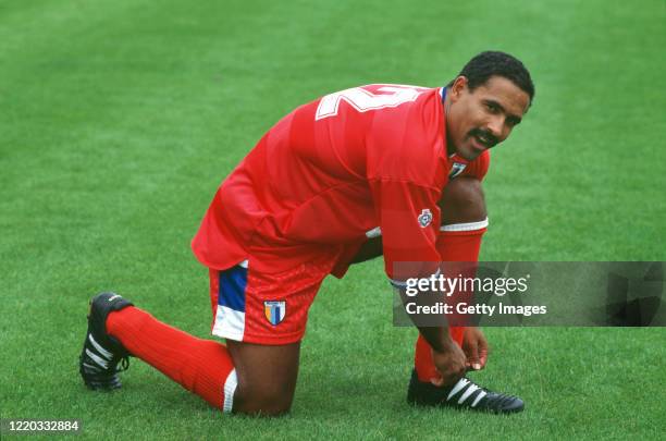 Olympic decathlete Daley Thompson in Reading away kit before a pre season friendly match in August 1994, in England, United Kingdom.