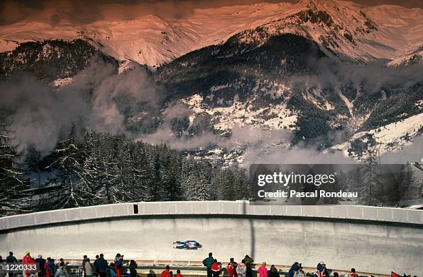 General view of a competitor in action during the Men's Single Luge event during the 1992 Winter Olympic Games held in Albertville, France. \...
