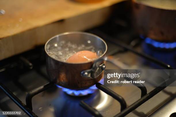boiling an egg on gas stove - casserole photos et images de collection
