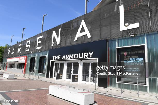 The Armoury store with a closed until further notice sign in the window at Emirates Stadium on April 21, 2020 in London, England.
