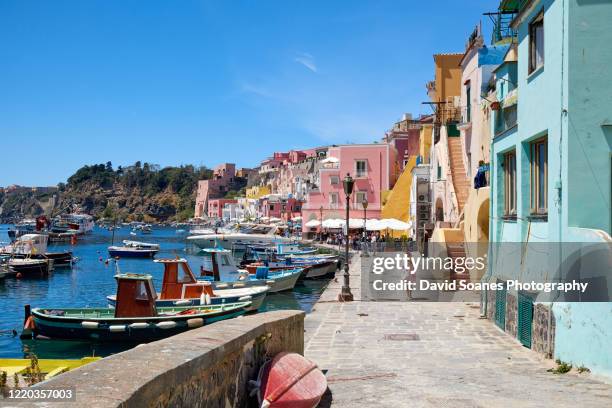 streets on the island of procida off the coast of naples in italy - naples italy stockfoto's en -beelden