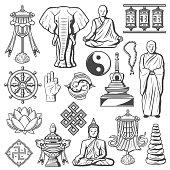Hinduism and Buddhism signs and icons isolated set