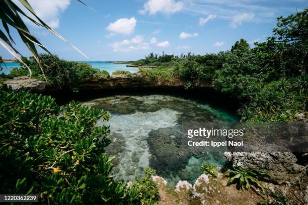sea cave hole with coral and clear tropical water, okinawa, japan - miyakojima stock pictures, royalty-free photos & images