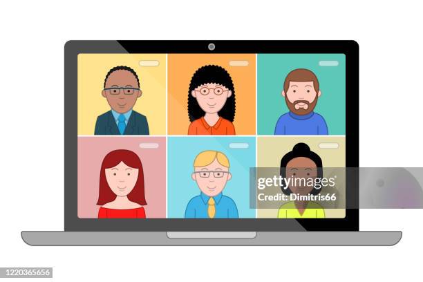 illustrations, cliparts, dessins animés et icônes de les gens se parlent sur l’écran de l’ordinateur. conférence vidéo téléphonique, travailler de la maison. - utiliser lordinateur