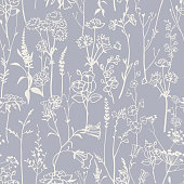 Botanical seamless pattern with meadow herbs and plants. Outline drawing.