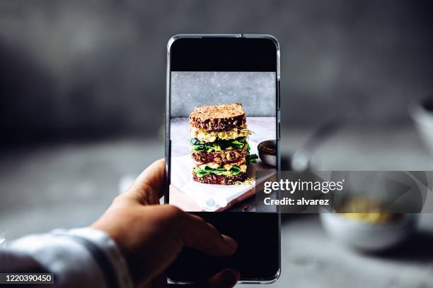 het fotograferen van grote veganistische sandwich met smartphone - large cucumber stockfoto's en -beelden