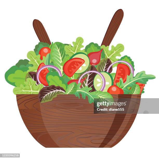 ilustrações, clipart, desenhos animados e ícones de tigela de salada de madeira escura com utensílios - salada