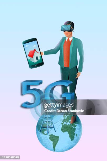 5g network wireless technology and a man with vr headset and mobile using high-speed internet. stock illustration - man vr headset stock illustrations