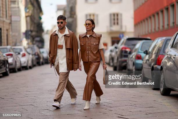 Jean-Sebastien Rocques and Alice Barbier are seen, outside Tod's, during Milan Fashion Week Fall/Winter 2020-2021 on February 21, 2020 in Milan,...